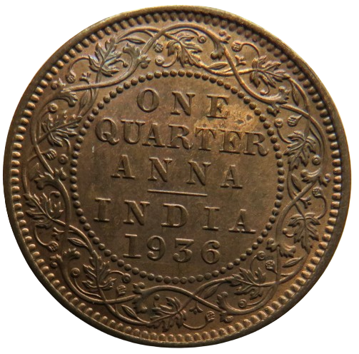 1936 King George V India 1/4 Anna Coin In High Grade