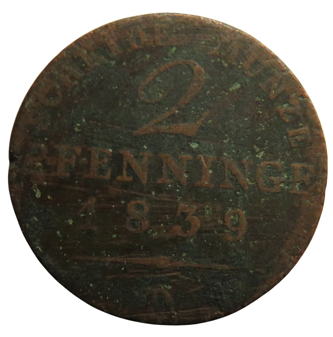 1839 German States Prussia 2 Pfennig Coin