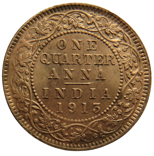 1913 King George V India 1/4 Anna Coin In High Grade