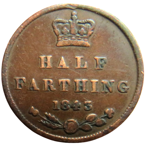 1843 Queen Victoria 1/2 Half-Farthing Coin - Great Britain