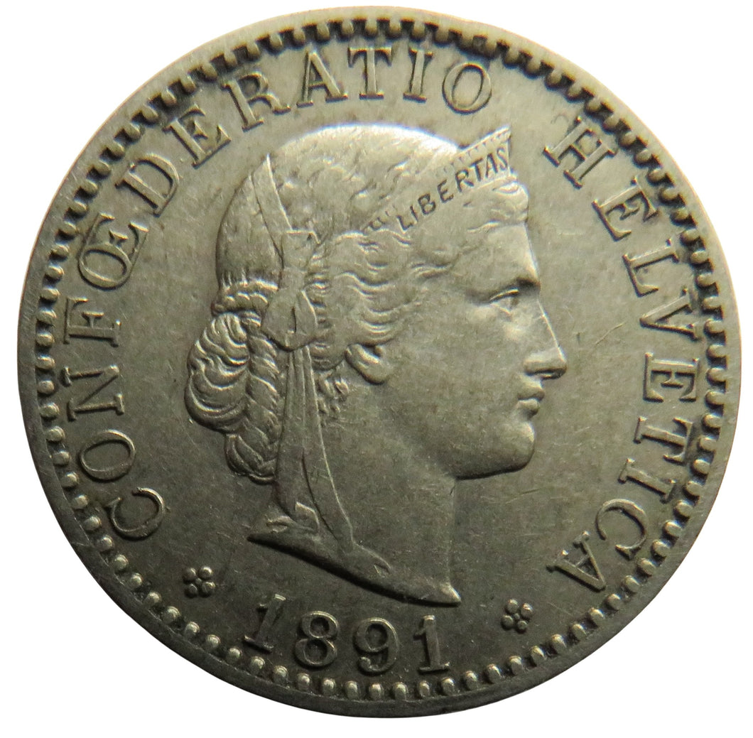 1891 Switzerland 20 Rappen Coin