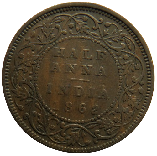 1862 Queen Victoria India Half 1/2 Anna Coin