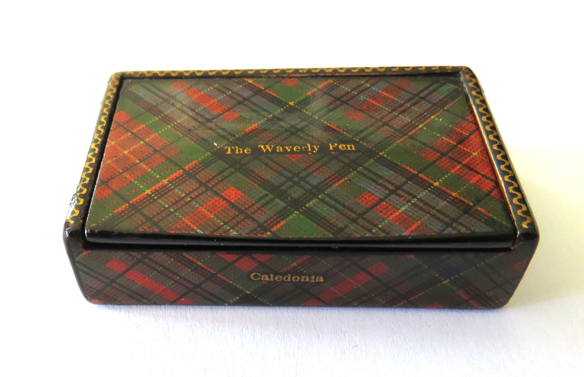 Antique Mauchline Tartan Ware Small Pen Nib Box "The Waverley Pen" "Caledonia Tartan"