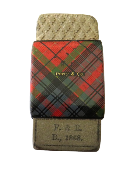 Antique Mauchline Tartan Ware Sleeve With Rubber Retailer Perry & Co Dated 1868