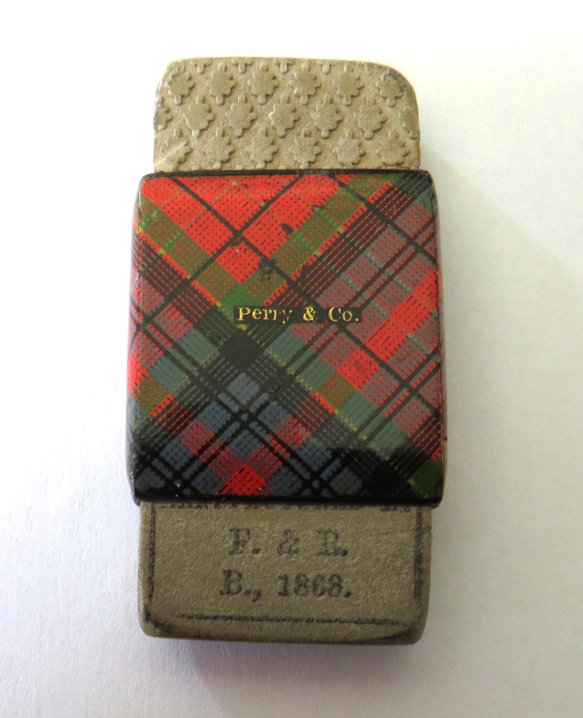Antique Mauchline Tartan Ware Sleeve With Rubber Retailer Perry & Co Dated 1868