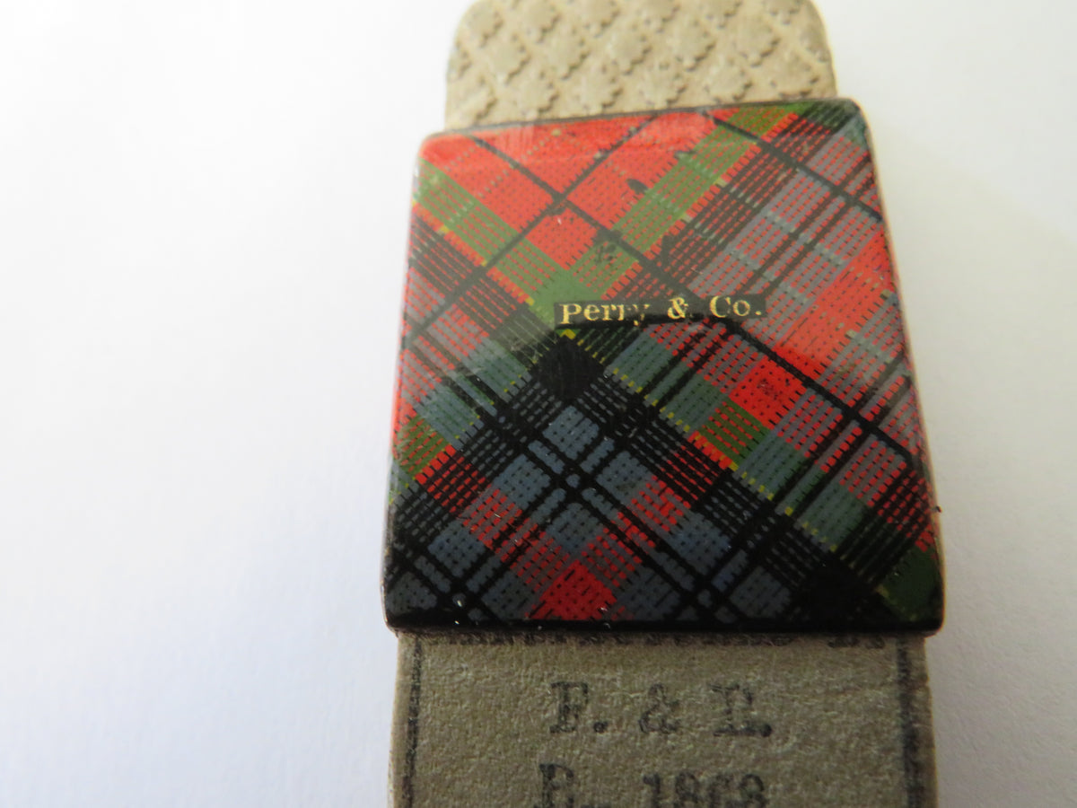 Antique Mauchline Tartan Ware Sleeve With Rubber Retailer Perry & Co Dated 1868