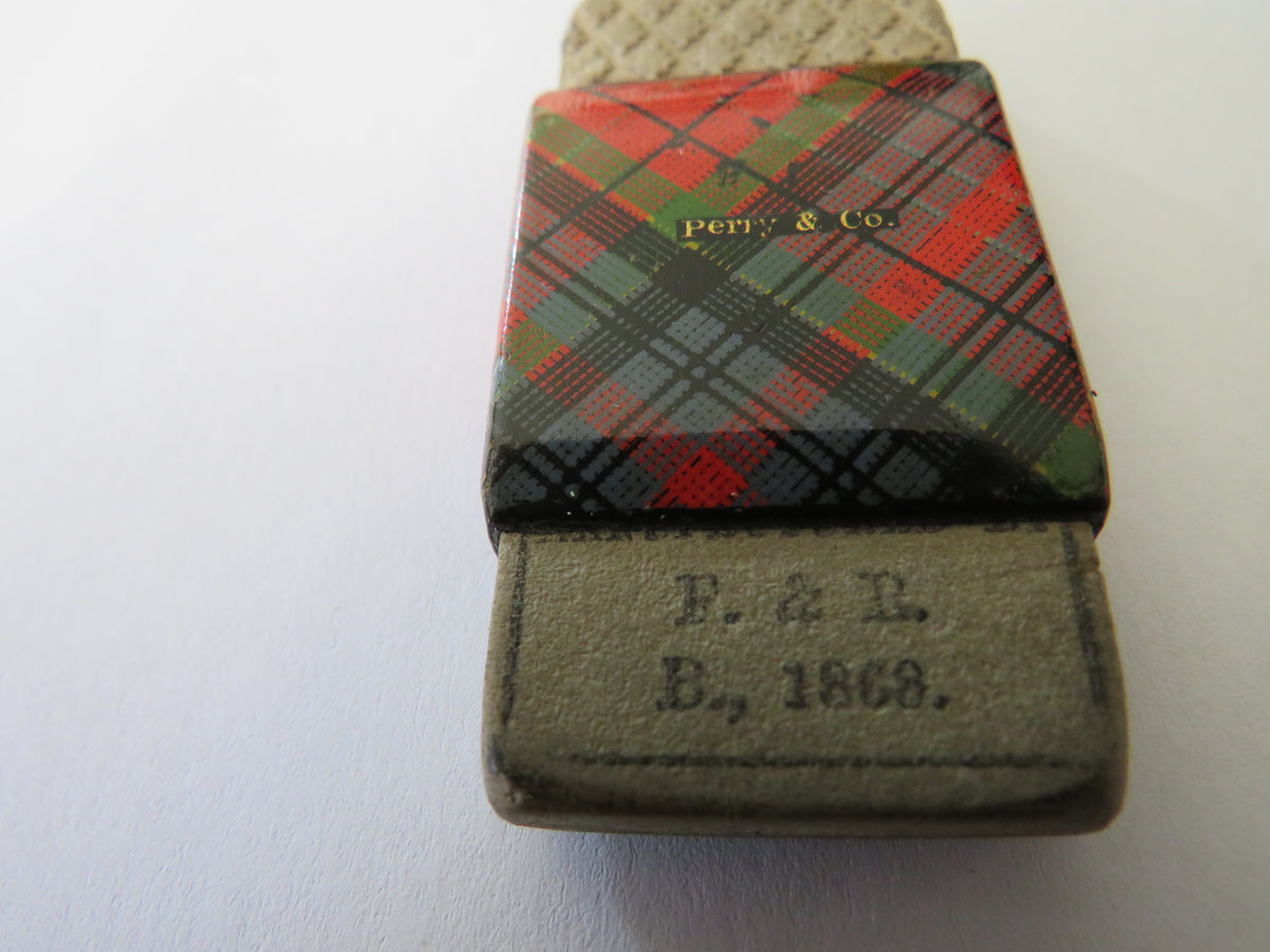 Antique Mauchline Tartan Ware Sleeve With Rubber Retailer Perry & Co Dated 1868