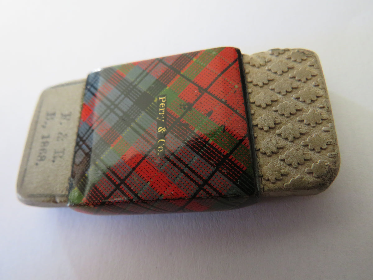 Antique Mauchline Tartan Ware Sleeve With Rubber Retailer Perry & Co Dated 1868