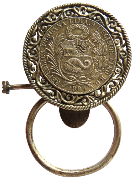 1884 Peru Silver Sol Coin With Chinese Stamp Made Into Buckle / Clasp
