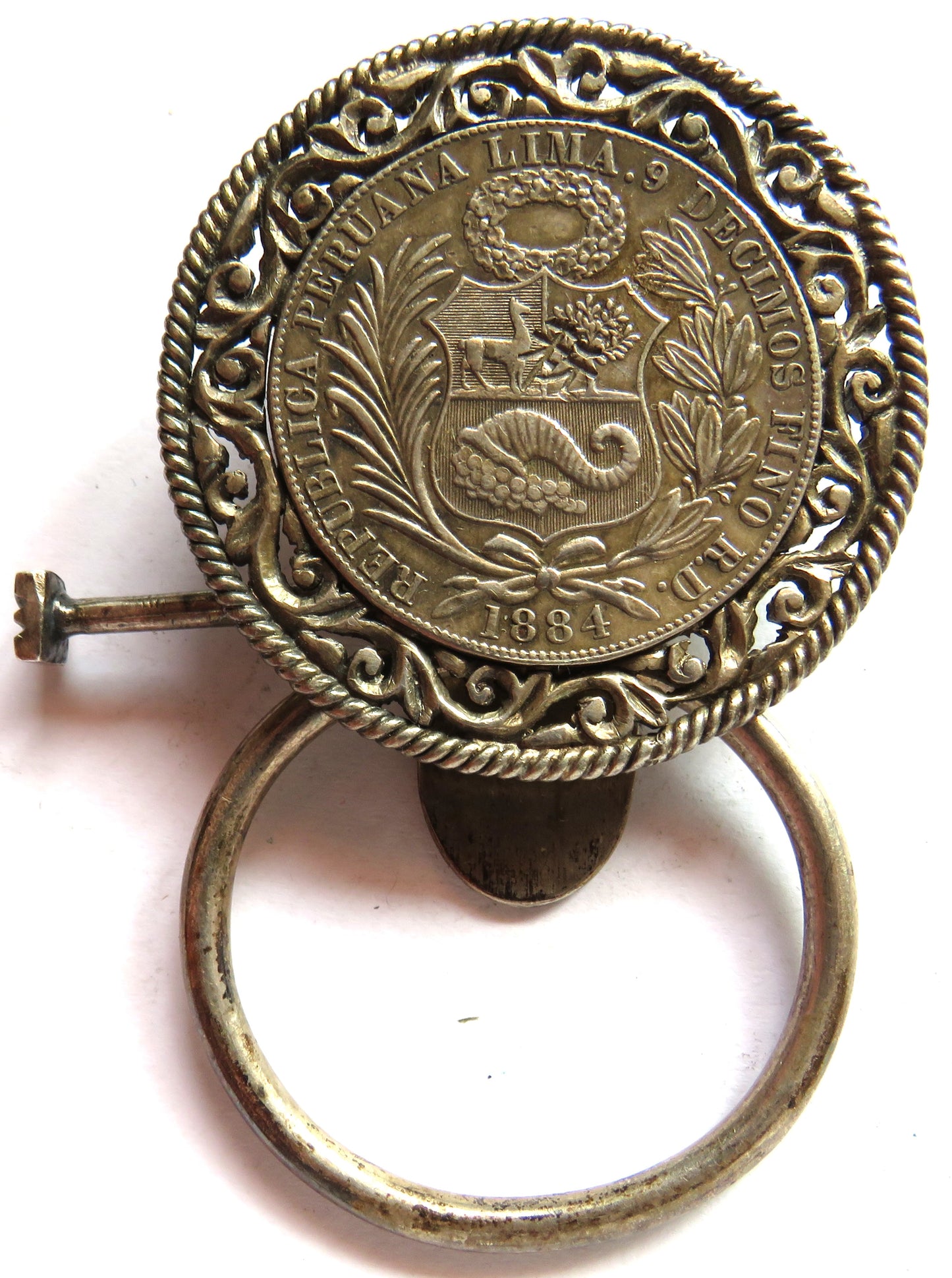 1884 Peru Silver Sol Coin With Chinese Stamp Made Into Buckle / Clasp