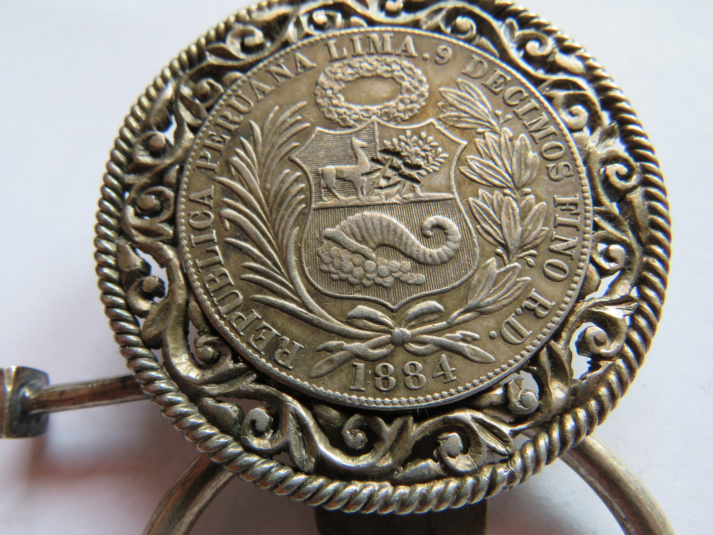 1884 Peru Silver Sol Coin With Chinese Stamp Made Into Buckle / Clasp