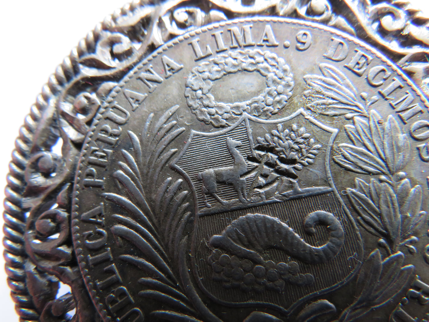 1884 Peru Silver Sol Coin With Chinese Stamp Made Into Buckle / Clasp