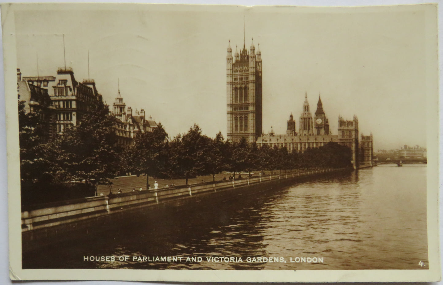 Vintage Postcard of Houses of Parliment and Victoria Gardens, London, 1929