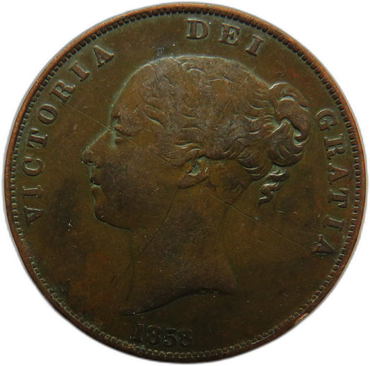 1858 Queen Victoria Young Head One Penny Coin - Great Britain