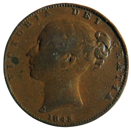1845 Queen Victoria Young Head Farthing Coin - Great Britain