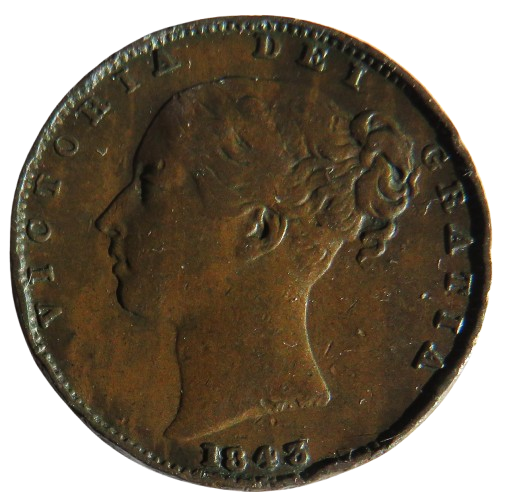 1843 Queen Victoria Young Head Farthing Coin - Great Britain