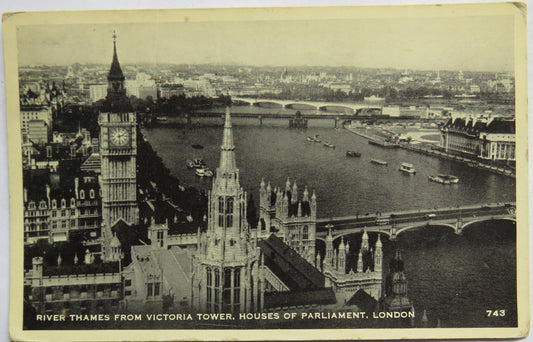 Vintage Postcard of River Thames from Victoria Tower, Houses of Parliment, London, 1957