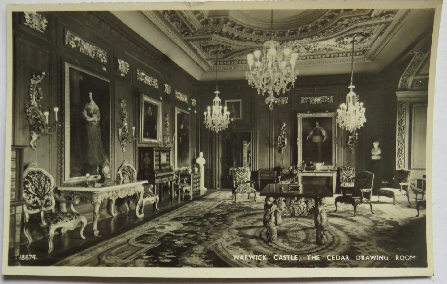 Vintage Postcard of Warwick Castle, The Cedar Drawing Room