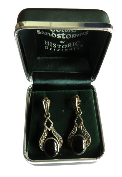 Ladies Sterling Silver Black Stone & Marcasite Drop Earrings