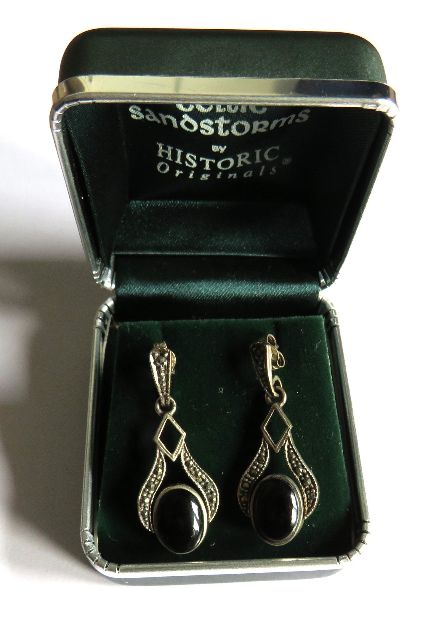 Ladies Sterling Silver Black Stone & Marcasite Drop Earrings
