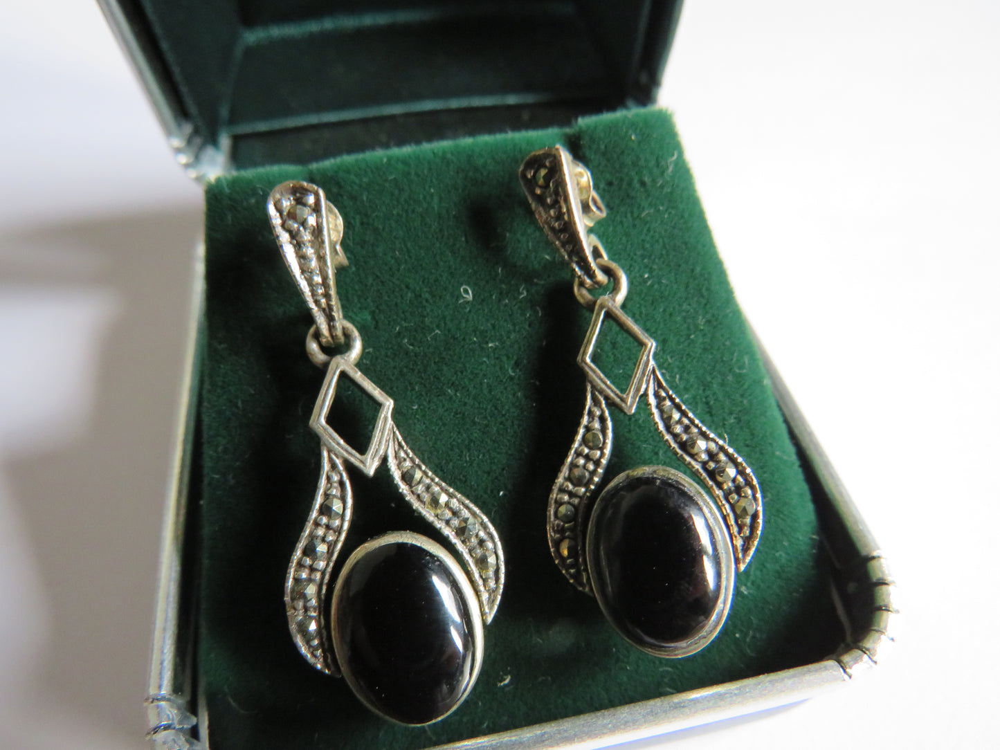 Ladies Sterling Silver Black Stone & Marcasite Drop Earrings