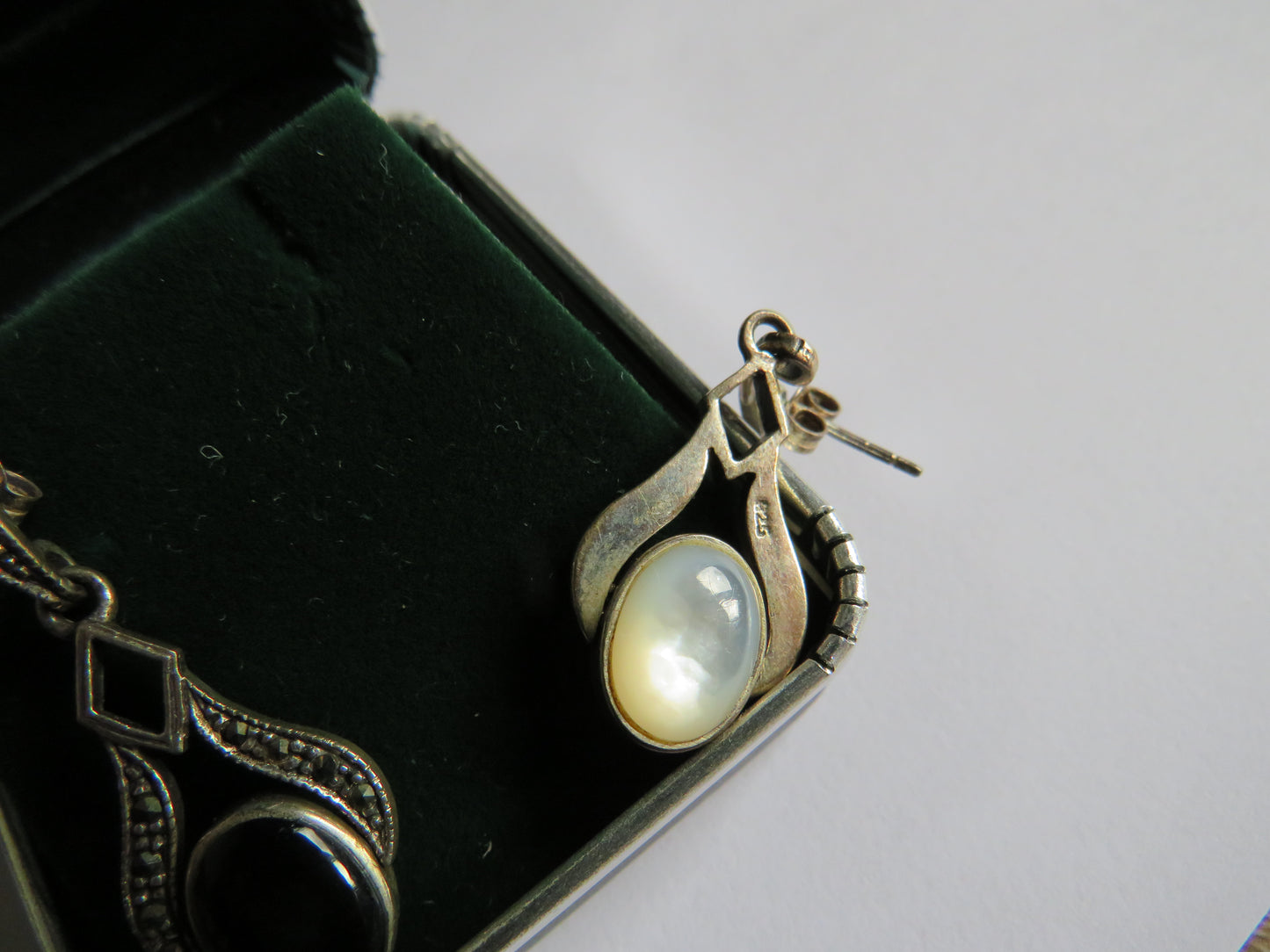 Ladies Sterling Silver Black Stone & Marcasite Drop Earrings