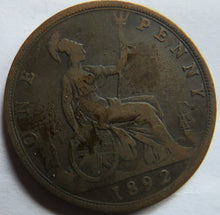 Load image into Gallery viewer, 1892 Queen Victoria Bun Head One Penny Coin - Great Britain
