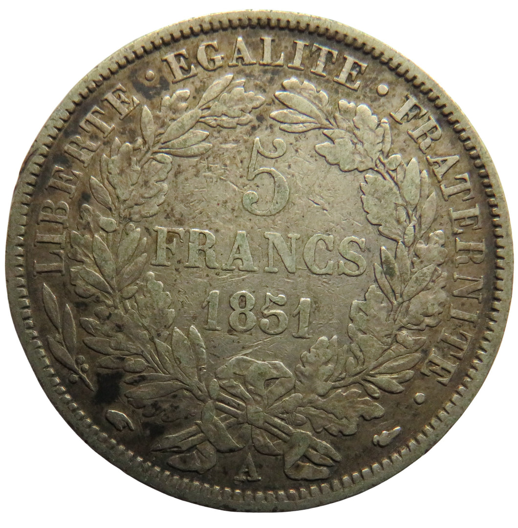 1851-A France Silver 5 Francs Coin