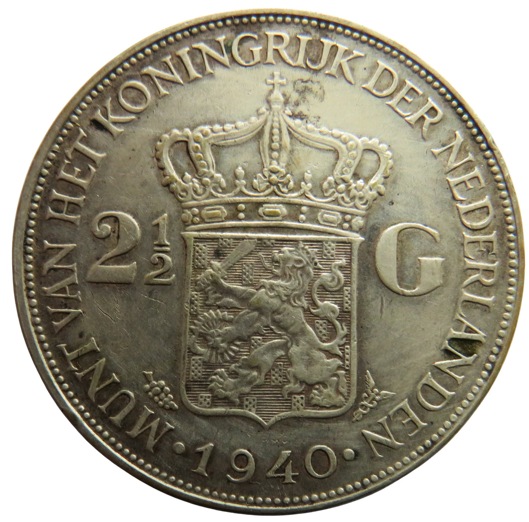 1940 Netherlands Silver 2 & 1/2 Gulden Coin