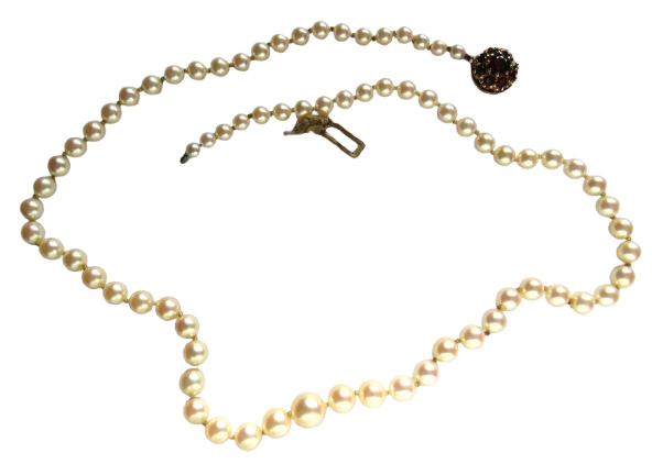 Vintage Ladies Graduated Pearl Necklace With Garnet & Gold Clasp Beautiful Quality
