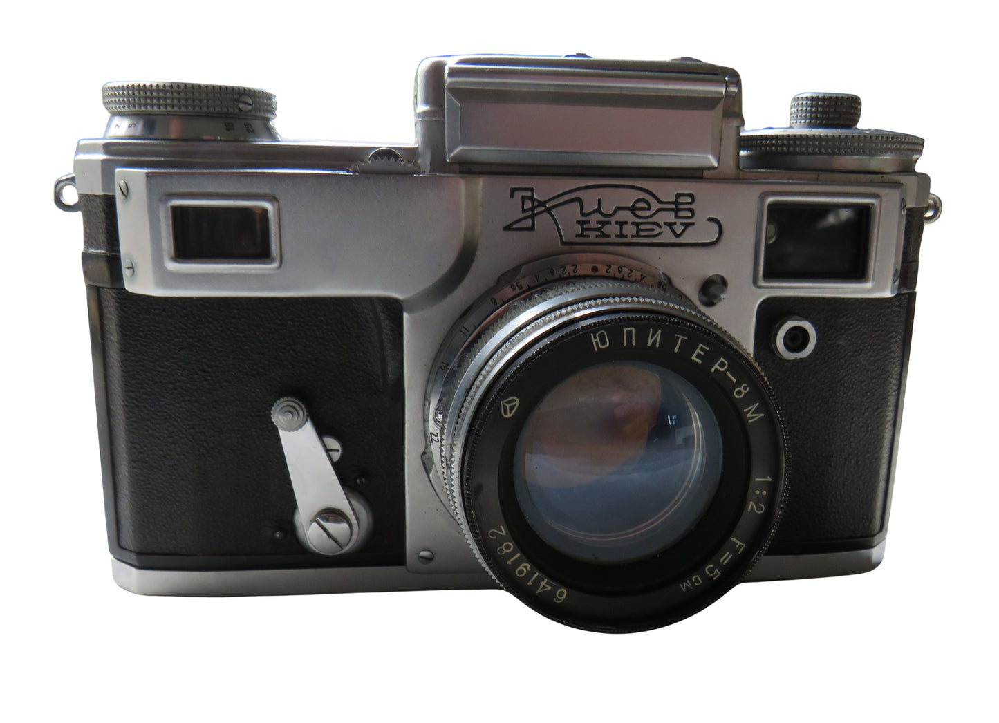 A Jupiter-8M 50mm f/2 lens mounted on a Kiev 4 camera with minor marks and a leather case.