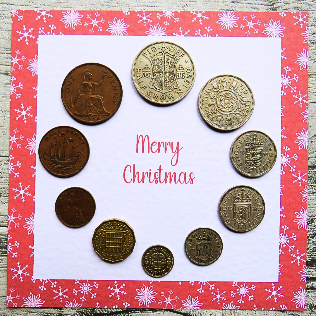 Mounted Pre-Decimal Christmas Coin Set with Festive Red Snowflake Design – Genuine British Coins