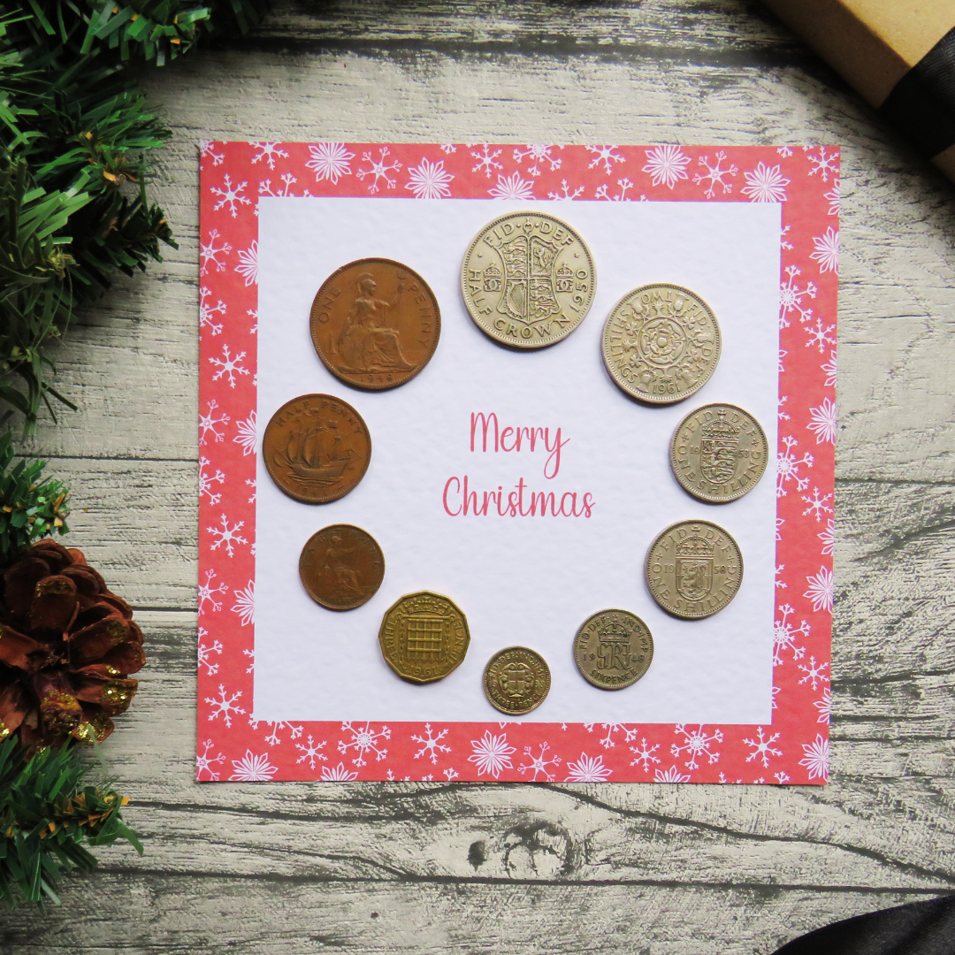 Mounted Pre-Decimal Christmas Coin Set with Festive Red Snowflake Design – Genuine British Coins