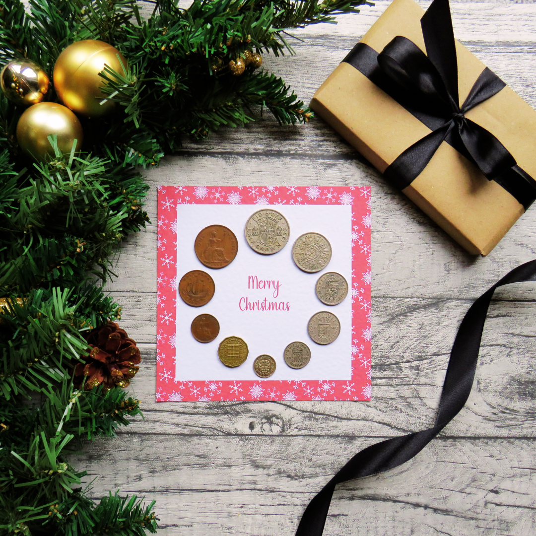 Mounted Pre-Decimal Christmas Coin Set with Festive Red Snowflake Design – Genuine British Coins