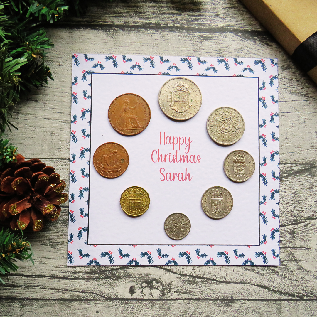 Personalised Mounted Christmas Coin Set With Holly Design – Choose Your Year (1947–1967)