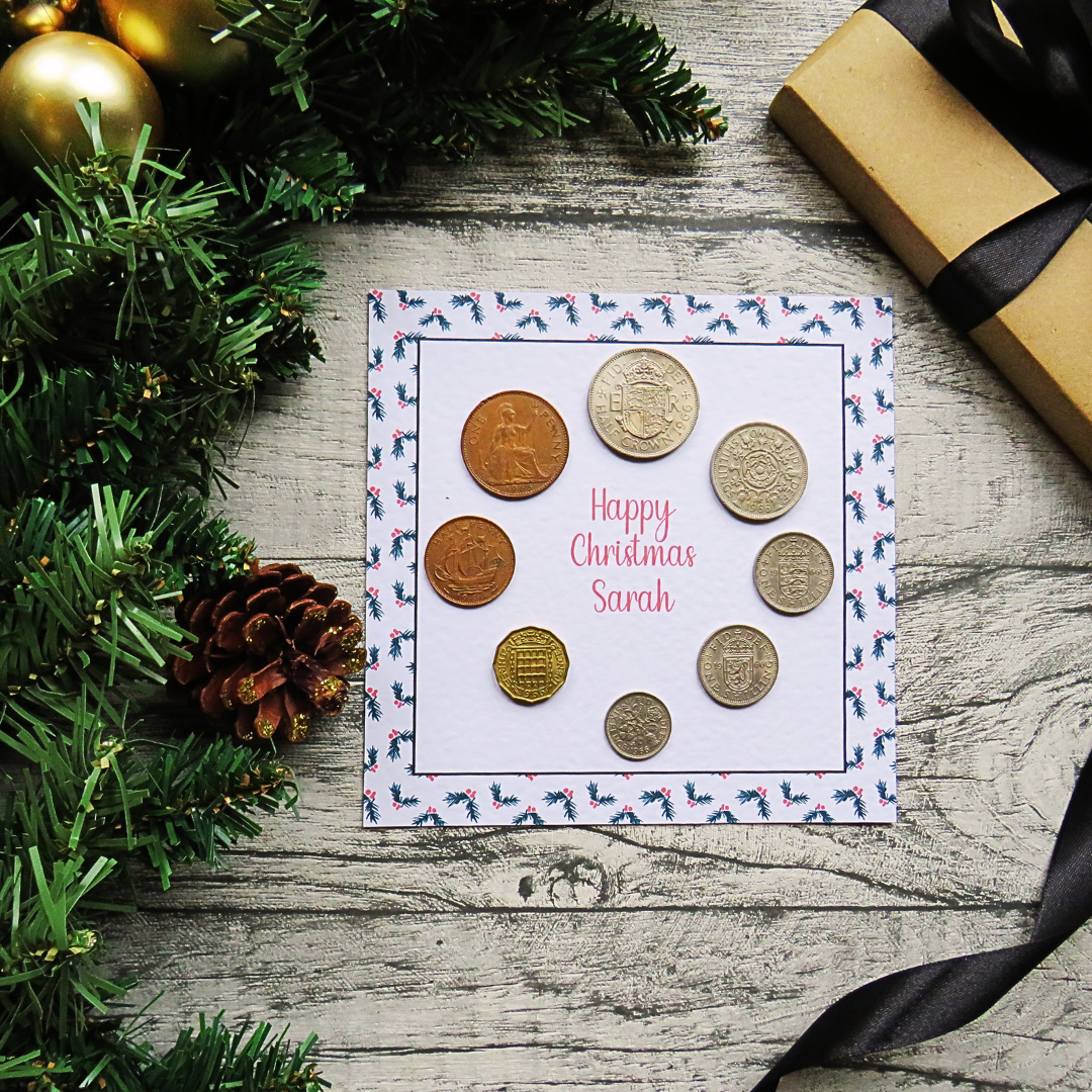 Personalised Mounted Christmas Coin Set With Holly Design – Choose Your Year (1947–1967)