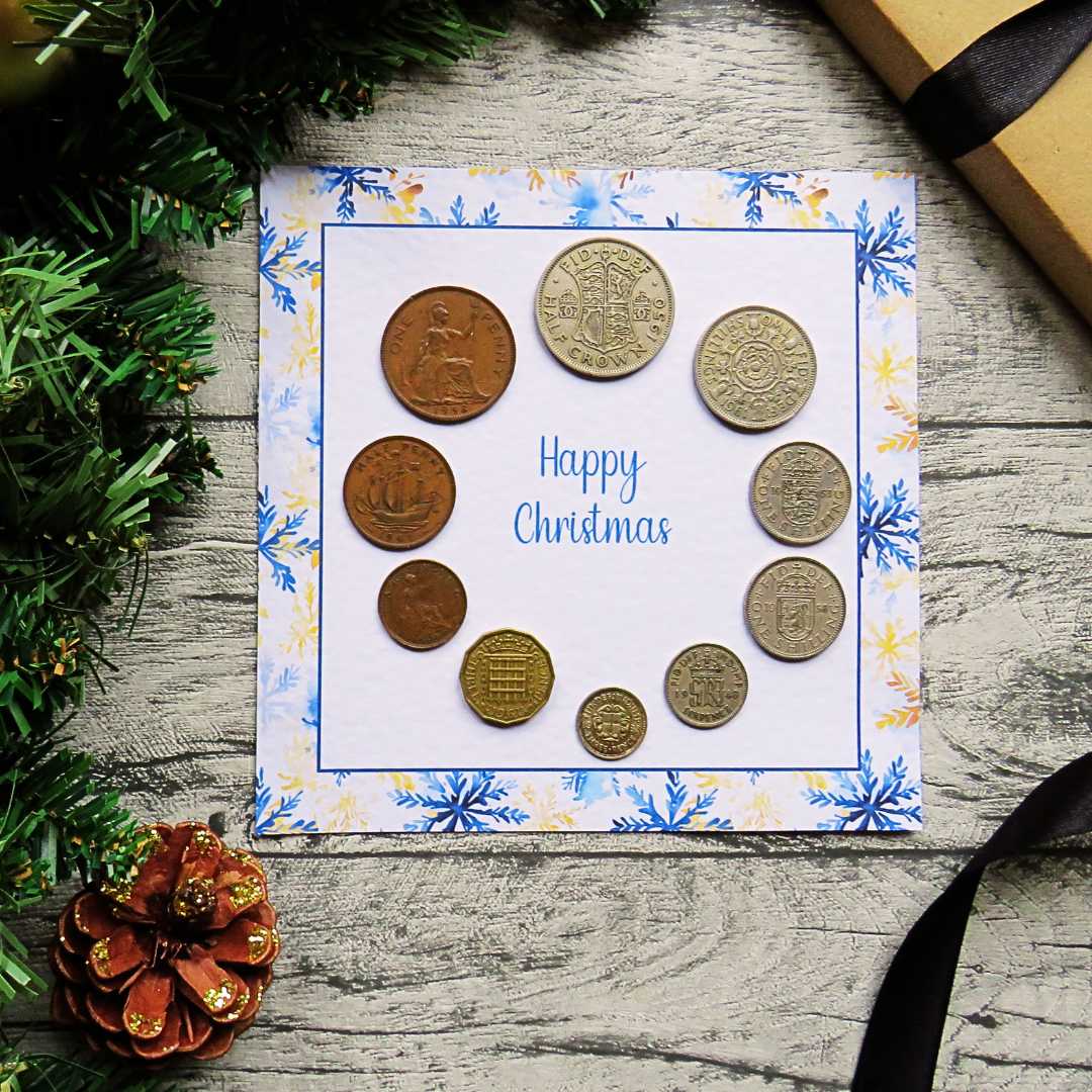 Mounted Pre-Decimal Christmas Coin Set with Snowflake Design – Genuine British Coins