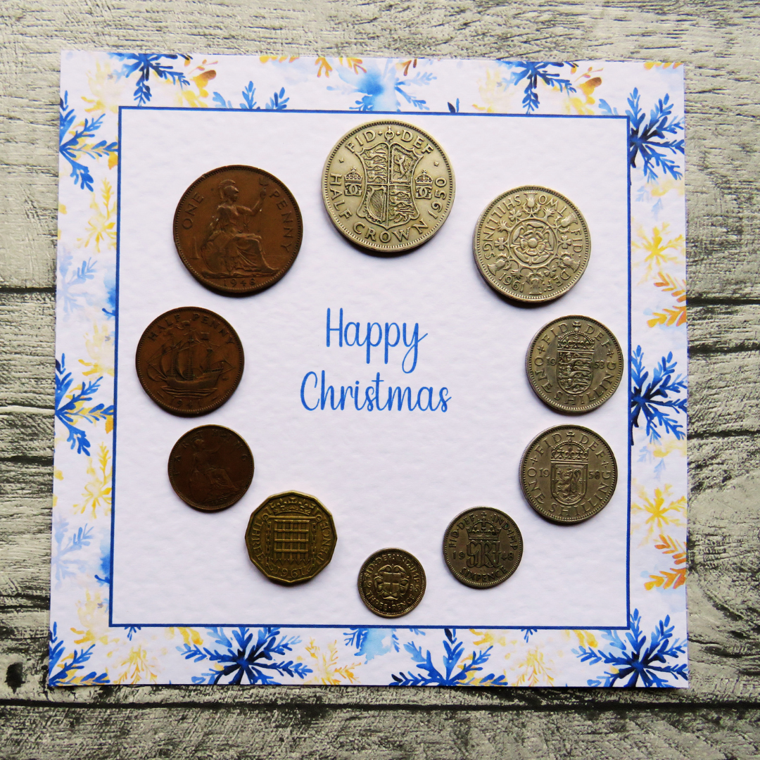 Mounted Pre-Decimal Christmas Coin Set with Snowflake Design – Genuine British Coins