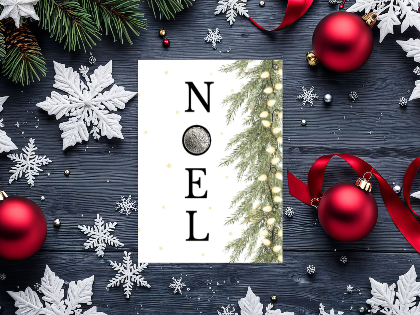 Noel Christmas Card with Real Sixpence