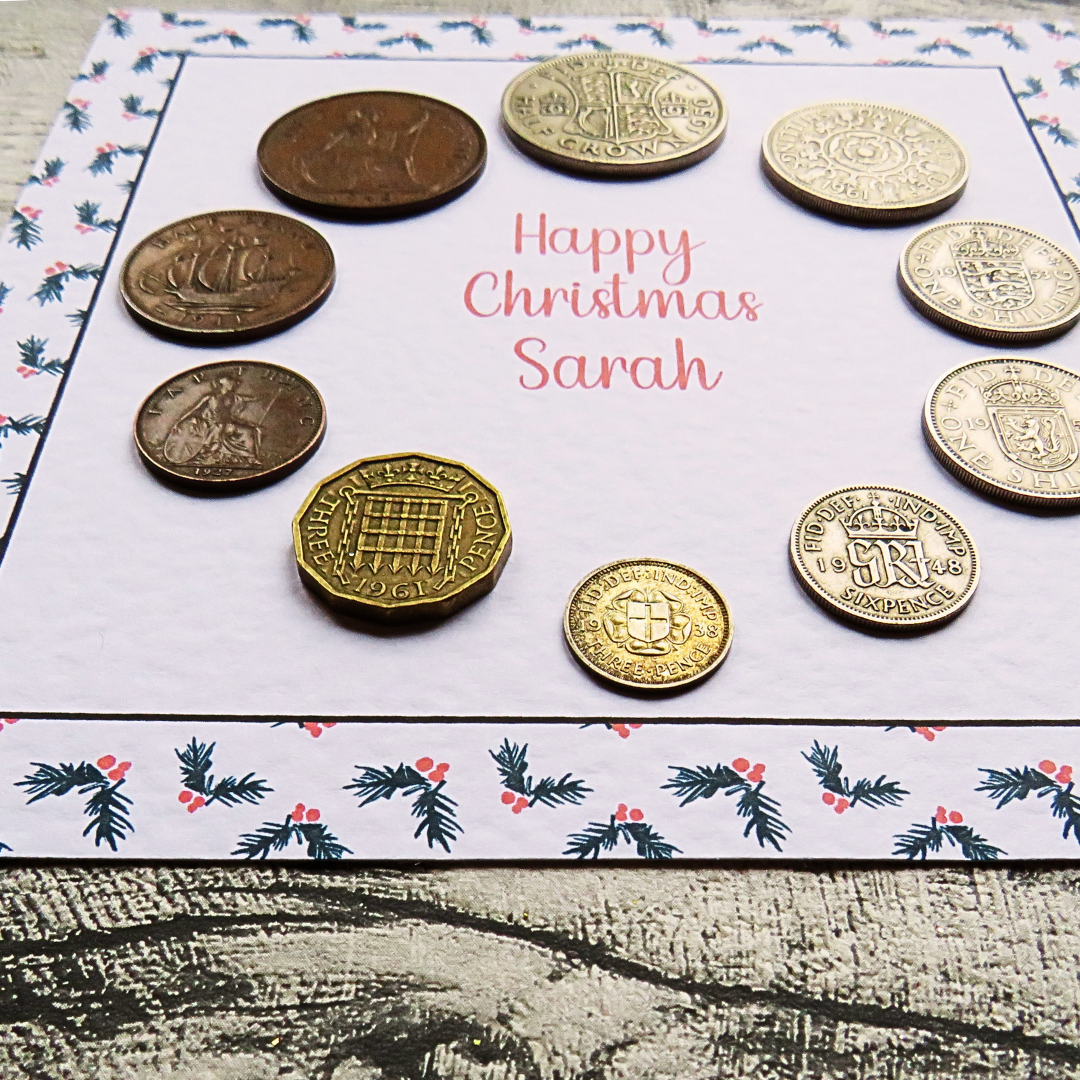 Mounted Personalised Pre-Decimal Christmas Coin Set with Holly Design – Genuine British Coins