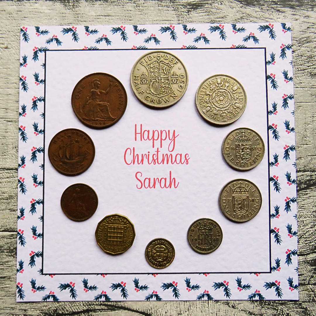Mounted Personalised Pre-Decimal Christmas Coin Set with Holly Design – Genuine British Coins