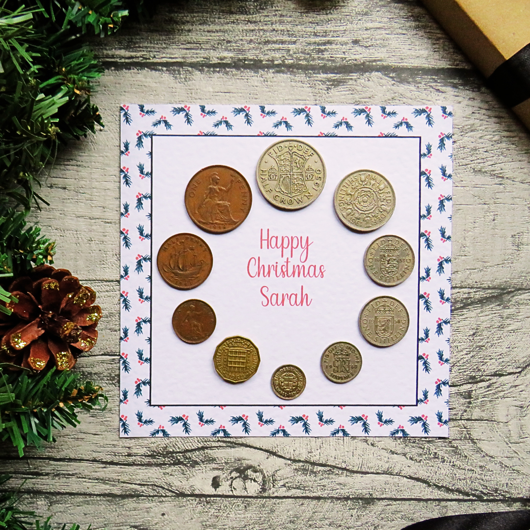Mounted Personalised Pre-Decimal Christmas Coin Set with Holly Design – Genuine British Coins