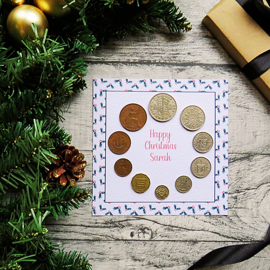 Mounted Personalised Pre-Decimal Christmas Coin Set with Holly Design – Genuine British Coins