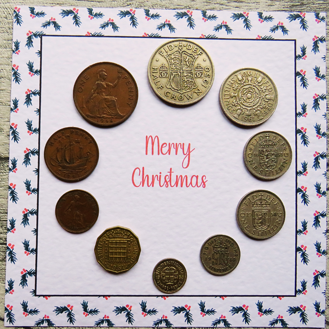 Mounted Pre-Decimal Christmas Coin Set with Holly Design – Genuine British Coins