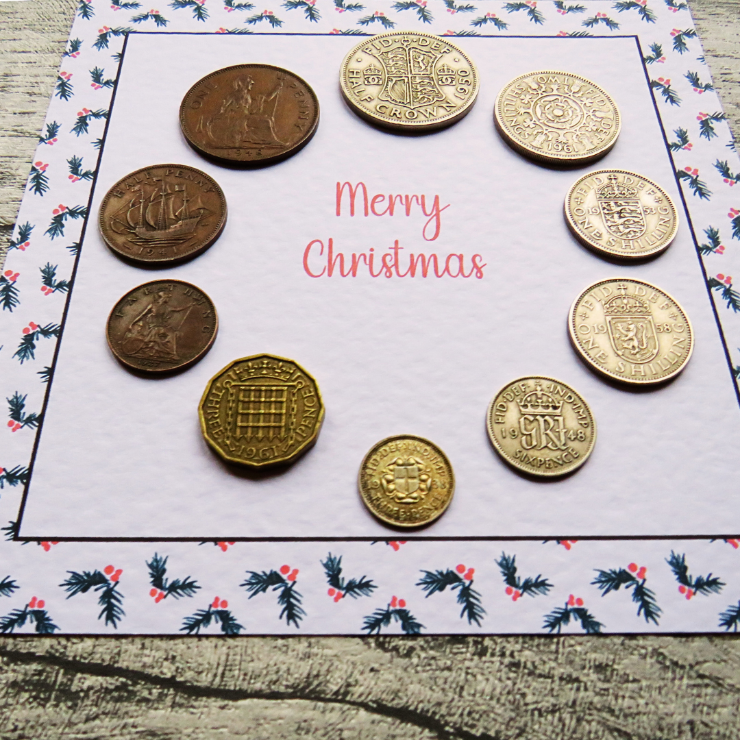 Mounted Pre-Decimal Christmas Coin Set with Holly Design – Genuine British Coins