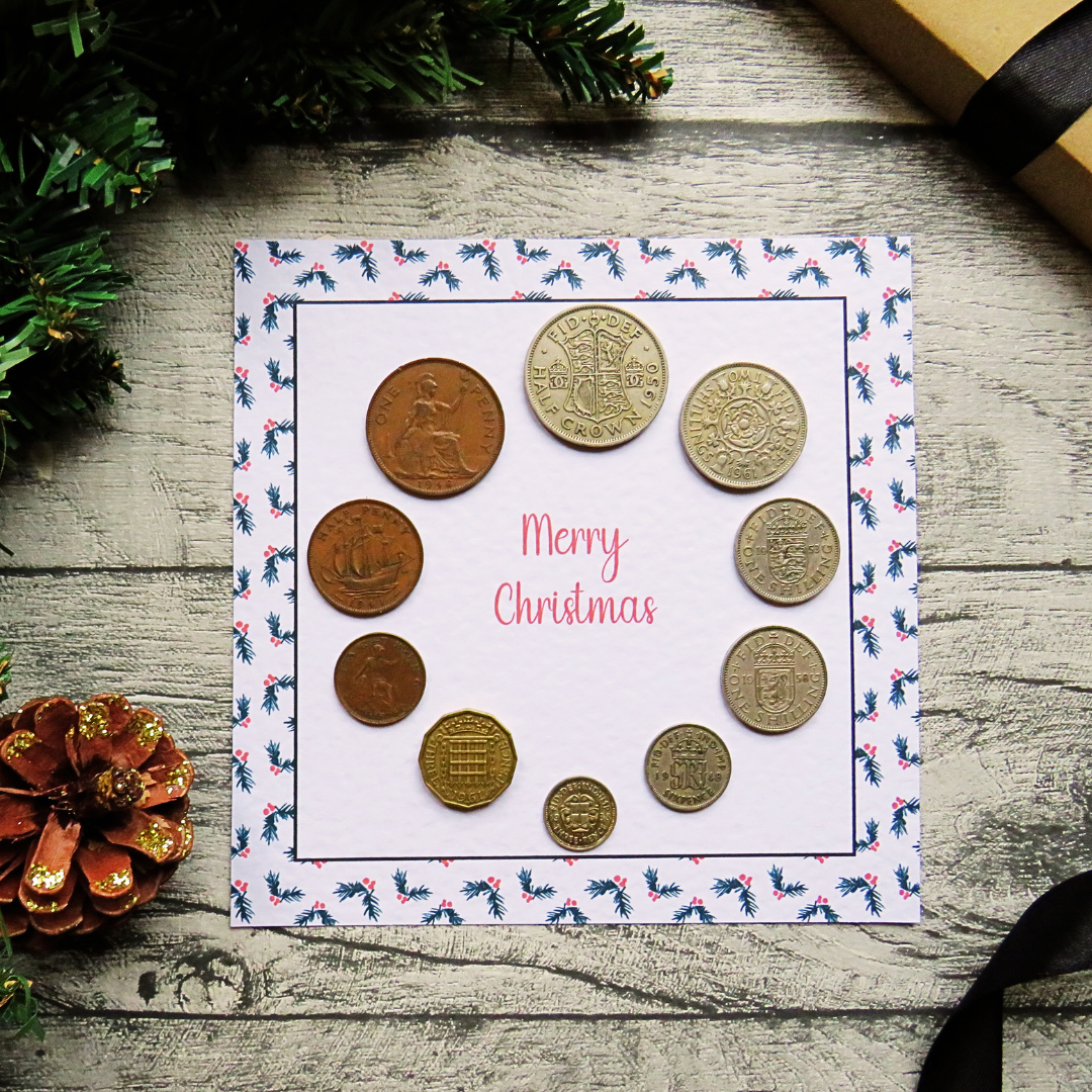 Mounted Pre-Decimal Christmas Coin Set with Holly Design – Genuine British Coins