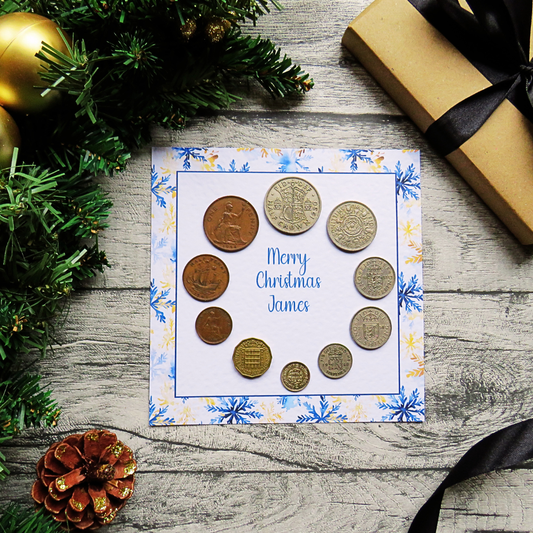 Mounted Personalised Pre-Decimal Christmas Coin Set with Snowflake Design – Genuine British Coins
