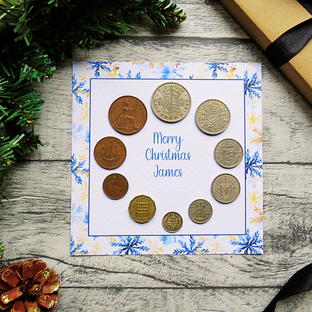 Mounted Personalised Pre-Decimal Christmas Coin Set with Snowflake Design – Genuine British Coins