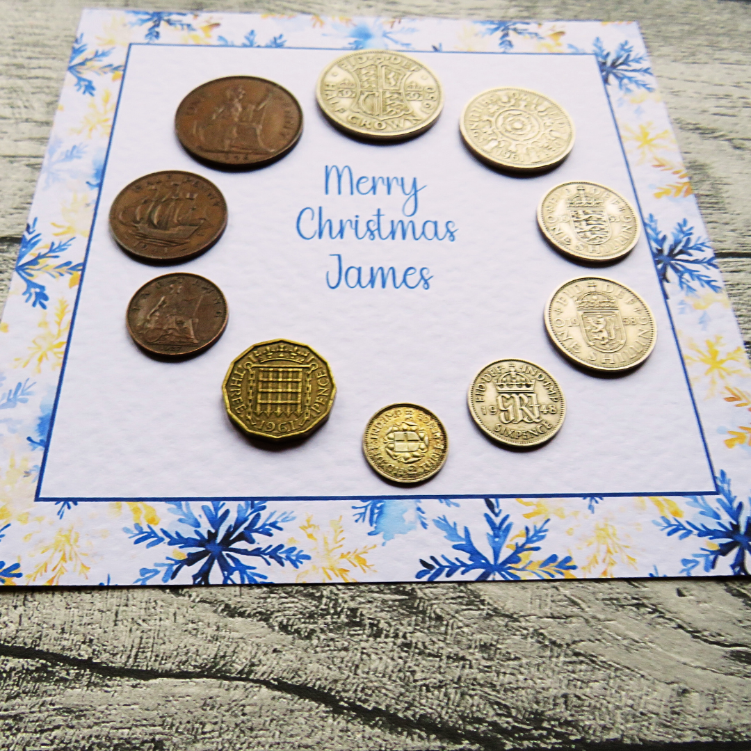 Mounted Personalised Pre-Decimal Christmas Coin Set with Snowflake Design – Genuine British Coins