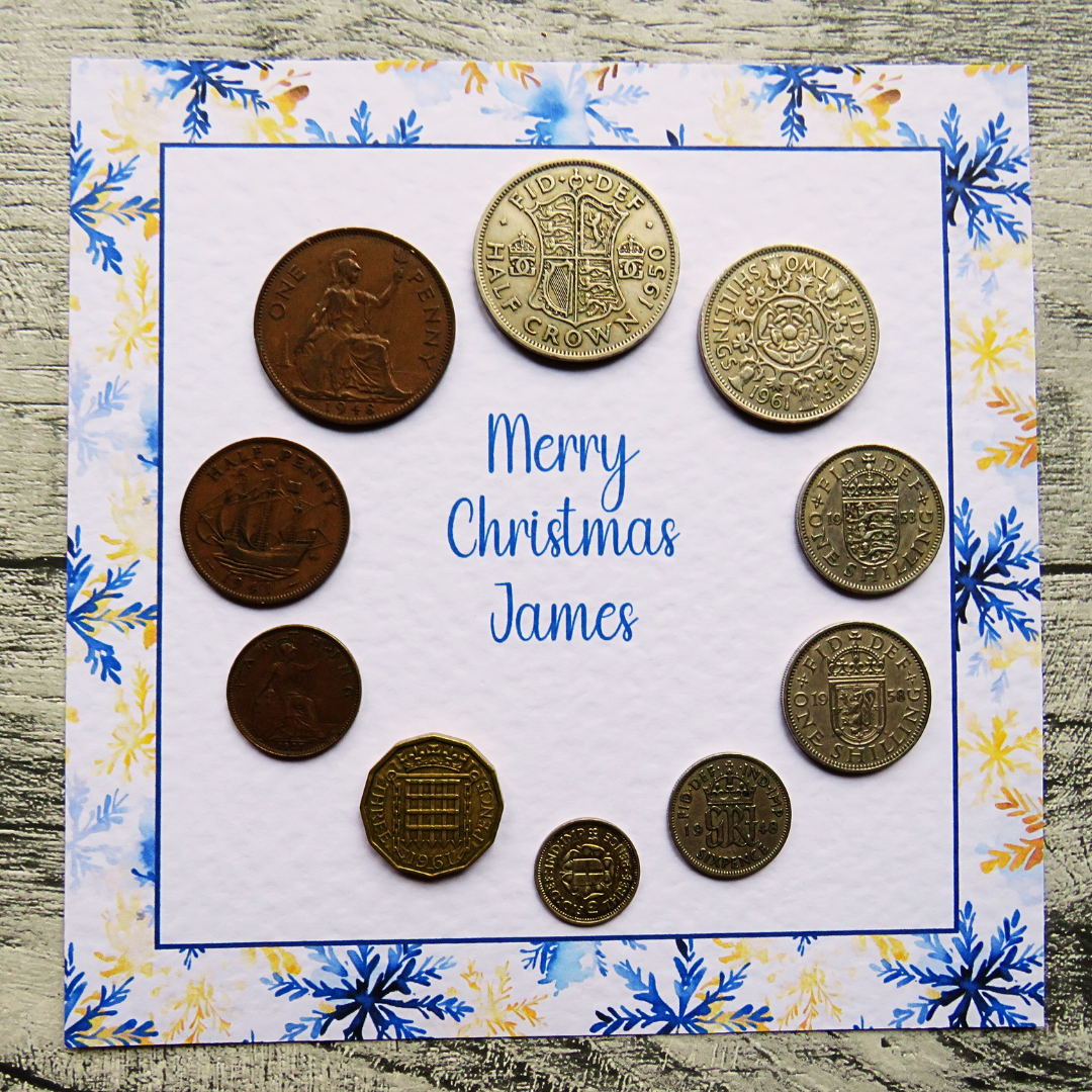 Mounted Personalised Pre-Decimal Christmas Coin Set with Snowflake Design – Genuine British Coins